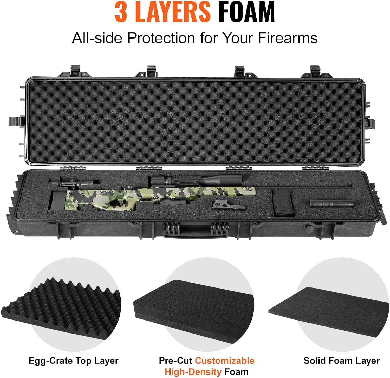 VEVOR Rifle Case, Rifle Hard Case with 4 Layers Fully-protective Foams, Lockable Hard Gun Case with Wheels, IP67 Waterproof & Crushproof, for Rifles or Shotguns - Image 3