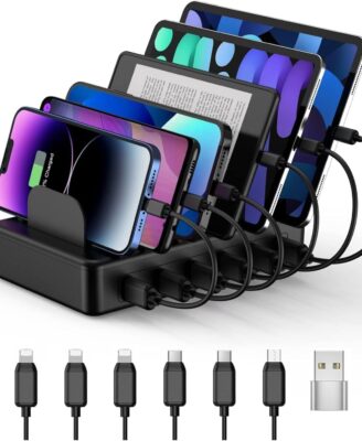 CREATIVE DESIGN 50W 6 Ports Multi Charger Station with 6 Charging Cables, USB Charging Dock for Multiple Devices, Compatible with Cellphone iPad Kindle Tablet and Other Electronic Devices